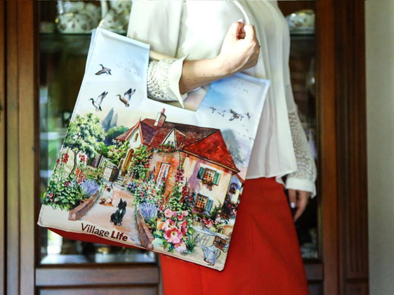 Torba z drewnianym uchwytem - Village Life (CARMANI)