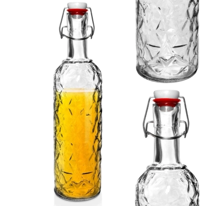 Butelka szklana zdobiona na alkohol wino nalewkę likier syrop sok z korkiem klipsem 1,1 l