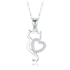 MINET Naszyjnik srebrny kot z sercem i białymi cyrkoniami