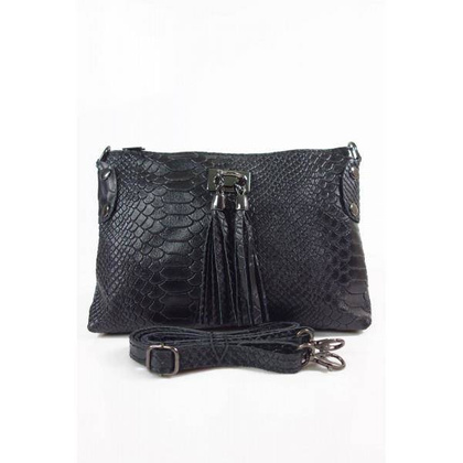 Skórzana włoska listonoszka ,wężowa skórka,frędzelki  czarna  LP149N