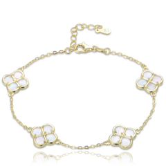 MINET Pozłacana srebrna bransoletka koniczyny z białą masą perłową