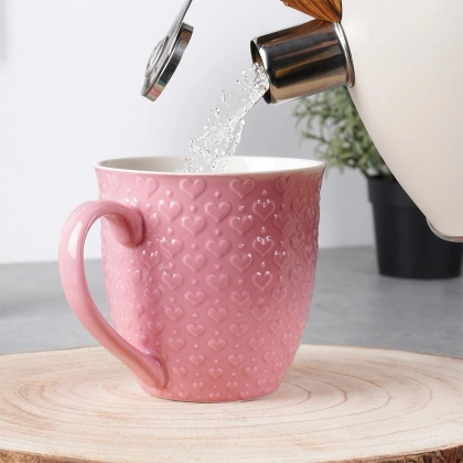 Duży kubek ceramiczny z uchem do kawy herbaty napojów serca różowy 580 ml