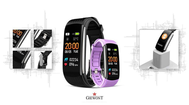 Smartband Giewont Czarny GW200-8 + Pasek Jasnofioletowy