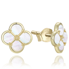 MINET Pozłacane srebrne kolczyki koniczyna z białą masą perłową