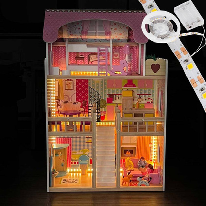 Domek dla lalek drewniany Led  XXXL 60x33x90 cm - 3 lalki , kotek i piesek