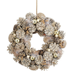 WIANEK DEKORACYJNY 34 CM ZŁOTY Z SZYSZKAMI I BOMBKAMI MICA