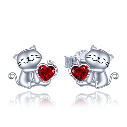 MINET Kolczyki srebrne kotki z serduszkiem i czerwonymi cyrkoniami