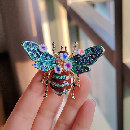 Broszka ozdobna kryształki turkusowy chrabąszcz kwiaty BZ189