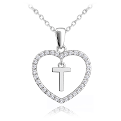 Srebrny naszyjnik litera w sercu „T” z cyrkoniami