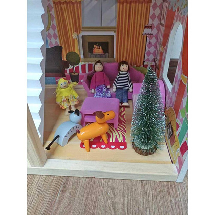 Domek dla lalek drewniany Led  XXXL 60x33x90 cm - 3 lalki , kotek i piesek