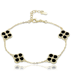 MINET Pozłacana srebrna bransoletka koniczyny z czarną masą perłową