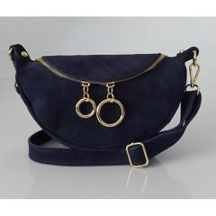 Włoska zamszowa listonoszka, nerka Vera Pelle złote okucia kółka Granatowa LN633BS