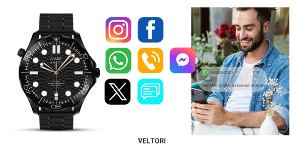 Smartwatch Veltori VT150-1 Czarny Pasek Silikonowy + Czarna Bransoleta
