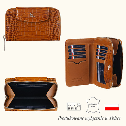 Damski portfel skórzany Canaletto – koniakowy croco z RFID | Elegancja i bezpieczeństwo PD1445s262 RFID