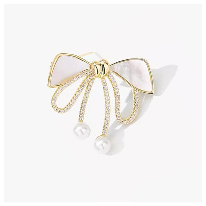 Broszka ozdobna złota KOKARDKA  masa perłowa i cyrkonie BZ197