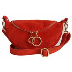 Czerwona zamszowa listonoszka - nerka Włoska Vera Pelle złote okucia kółka  LN633R