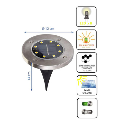 lampa solarna 8 LED SMD do wbicia w podłoże kpl. 4 szt.