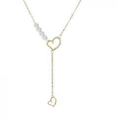 Naszyjnik stal szlachetna pozłacana 14k złotem, SERCA z cyrkoniami, perły NST2172