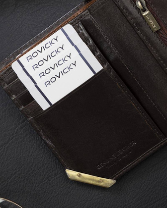 Pionowy portfel męski ze złotym akcentem, skóra naturalna licowa — Rovicky