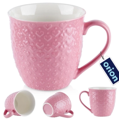 Duży kubek ceramiczny z uchem do kawy herbaty napojów serca różowy 580 ml