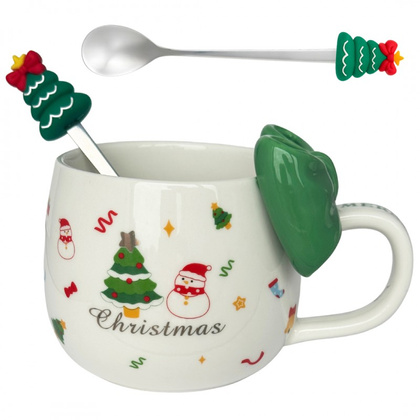 KUBEK ŚWIĄTECZNY Z KOKARDĄ - zestaw w pudełku z łyżeczką 400 ml KB25ZIE