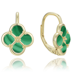 MINET Pozłacane srebrne kolczyki koniczyna z malachitem