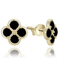 MINET Pozłacane srebrne kolczyki koniczyna z czarną masą perłową