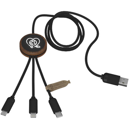 SCX.design C36 przedłużany kabel do ładowania z podświetlanym logo 3-w-1 rPET i z okrągłą bambusową obudową
