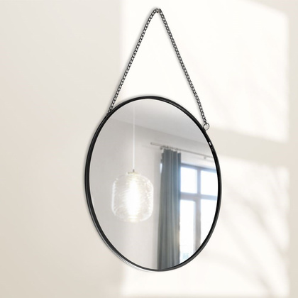 Lustro lusterko na łańcuszku w czarnej metalowej ramie okrągłe ścienne loft czarne 20 cm
