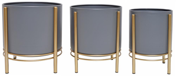 Kpl. 3 kwietników metalowych szarych na złotym stelażu