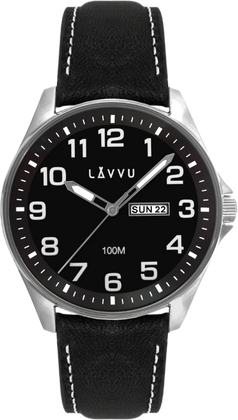 LAVVU Zegarek ze stali nierdzewnej ​ BERGEN Black / Top Grain Leather ze świecącymi cyframi