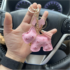 Brelok do kluczy skórzany PIESEK różowy, frędzle BRL355