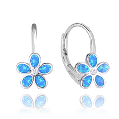 MINET Kolczyki błyszczące srebrne KWIATY z granatowymi opalami i cyrkonią