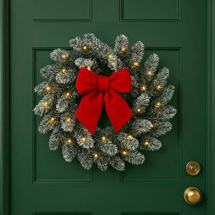 Girlanda wieniec ozdobny na drzwi 50cm choinka ośnieżona z lampkami 50 LED WSN30