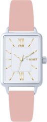 MINET Srebrny zegarek damski SIENA z różowym skórzanym paskiem
