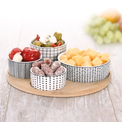 Miseczki porcelanowe zestaw do przekąsek przystawek tapas na bambusowej tacy 5 elementów