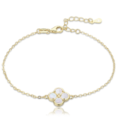 MINET Pozłacana srebrna bransoletka koniczyna z białą masą perłową