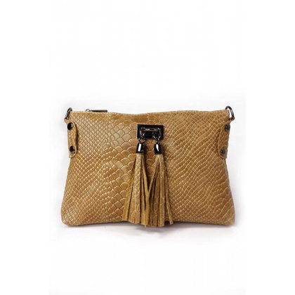 Skórzana włoska listonoszka ,wężowa skórka,frędzelki  camel  LP149C