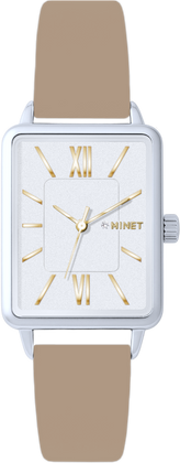 MINET Srebrny zegarek damski SIENA z beżowym skórzanym paskiem