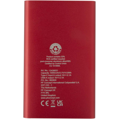 Pep powerbank o pojemności 4000 mAh Type-C z aluminium pochodzącego z recyklingu