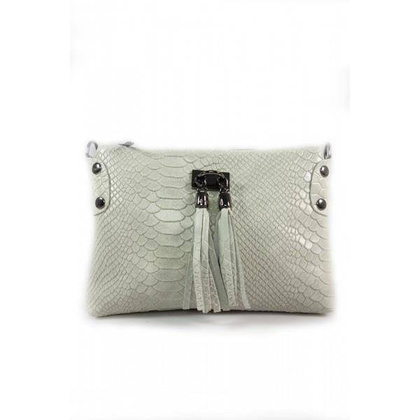 Skórzana włoska listonoszka ,wężowa skórka,frędzelki  szara  LP149G
