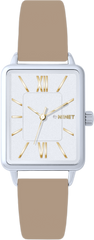 MINET Srebrny zegarek damski SIENA z beżowym skórzanym paskiem