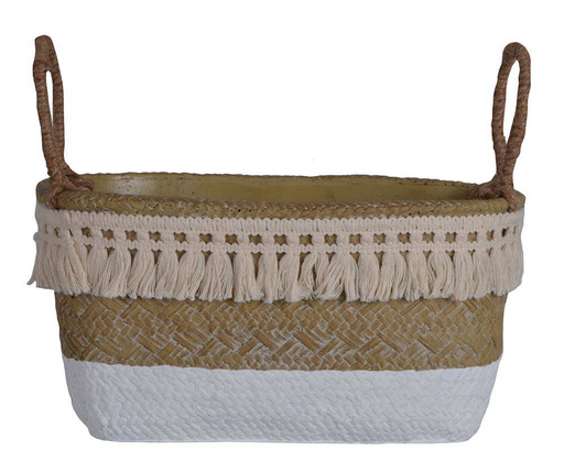 Doniczka ceramiczna boho podłużna beżowo-biała mała