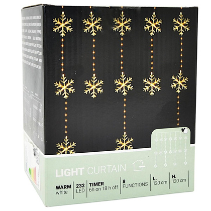 LAMPKI CHOINKOWE KURTYNA ŚWIETLNA 120x120 CM 232LED CIEPŁY BIAŁY PŁATKI ŚNIEGU
