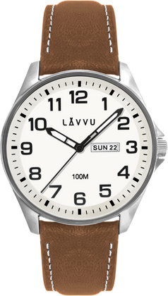LAVVU Zegarek ze stali nierdzewnej ​ BERGEN White / Top Grain Leather ze świecącą tarczą