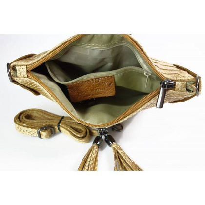 Skórzana włoska listonoszka ,wężowa skórka,frędzelki  camel  LP149C