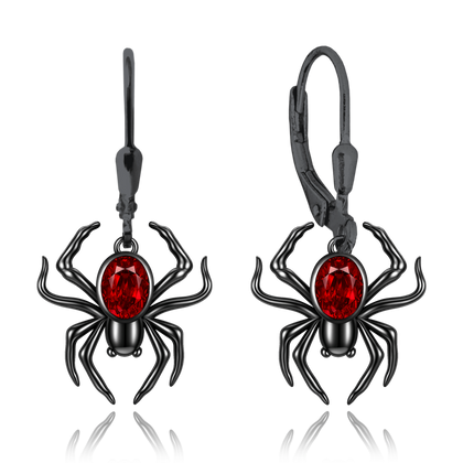 MINET Nowoczesne czarne srebrne kolczyki pająki z czerwonych cyrkonii