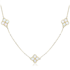 MINET Pozłacany srebrny naszyjnik koniczynkami z białą masą perłową