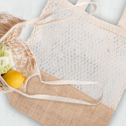 Torba siatka reklamówka bawełniana jutowa na zakupy zakupowa pleciona NATURAL 42x13x28 cm