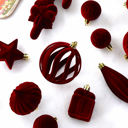 Komplet bombek na choinkę w opakowaniu, bombki welurowe 28szt. bordowe BSN76